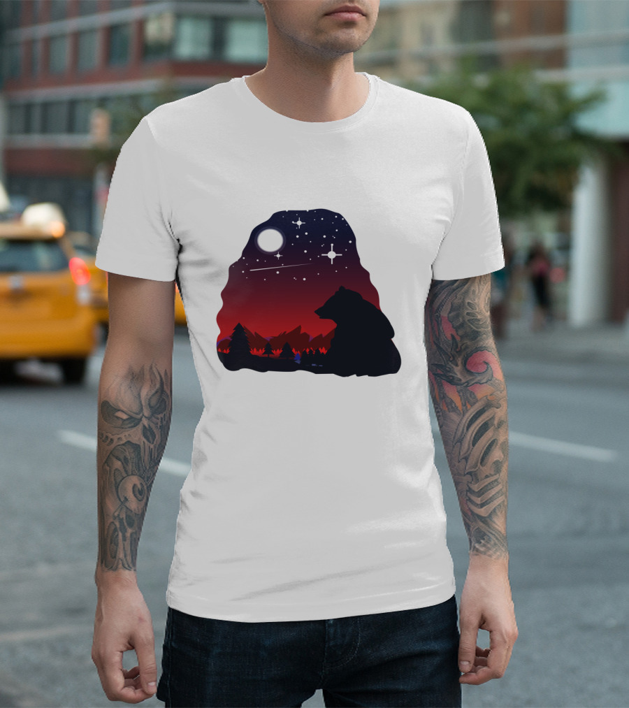 Bear Wildlife Animal Stargazing In Mountain Night Scene T-Shirt