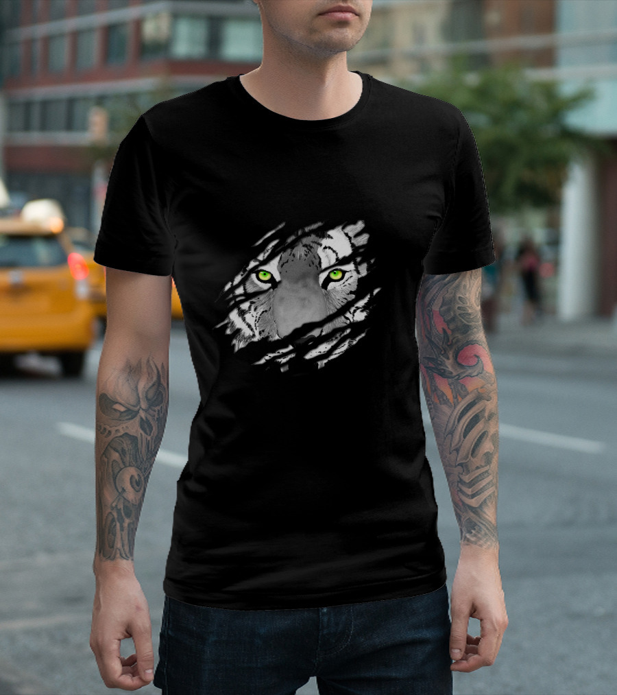 Tiger Face Wildlife Green Eyes Tear Rips T-Shirt