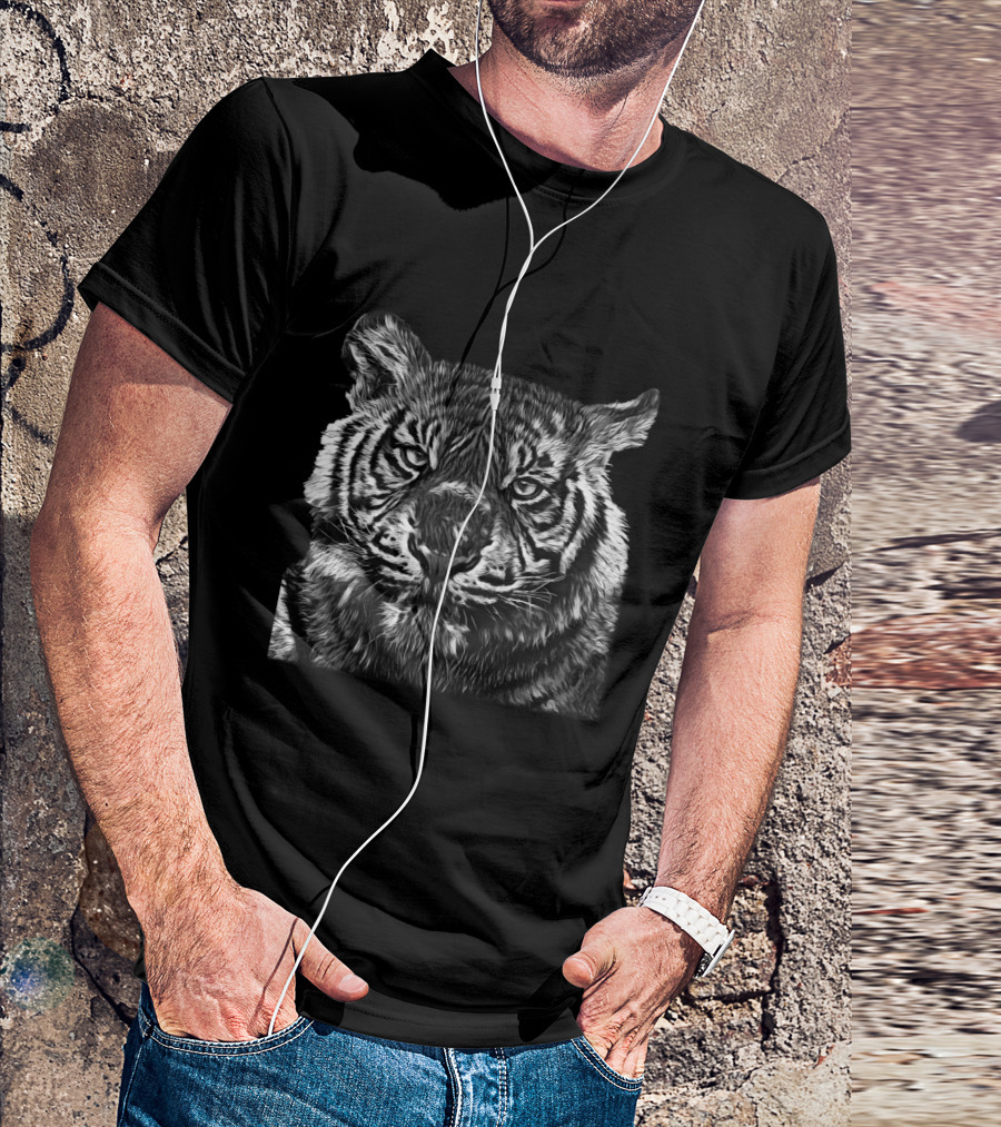 Tiger Large Cat Jungle Wildlife Black White T-Shirt