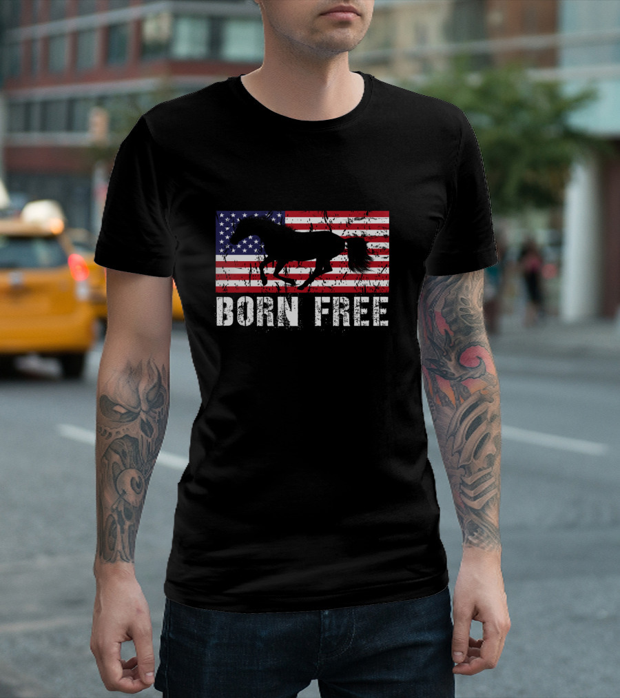 Born Free Wild Mustang American Flag Vintage Horse T-Shirt
