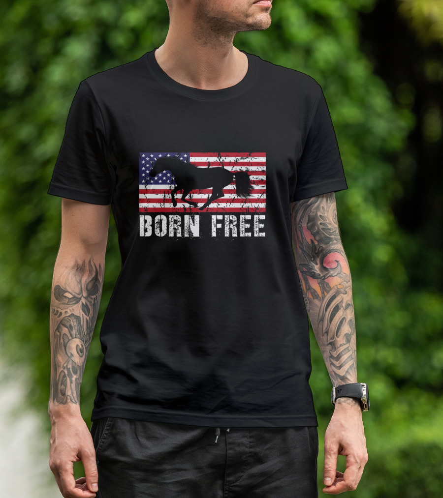 Born Free Wild Mustang American Flag Vintage Horse T-Shirt
