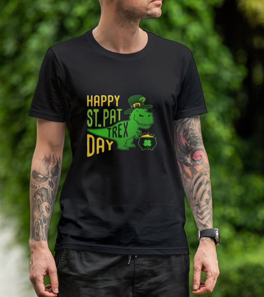 Happy St Pat Day T-Rex Dinosaur With Hat And Pot Of Gold T-Shirt