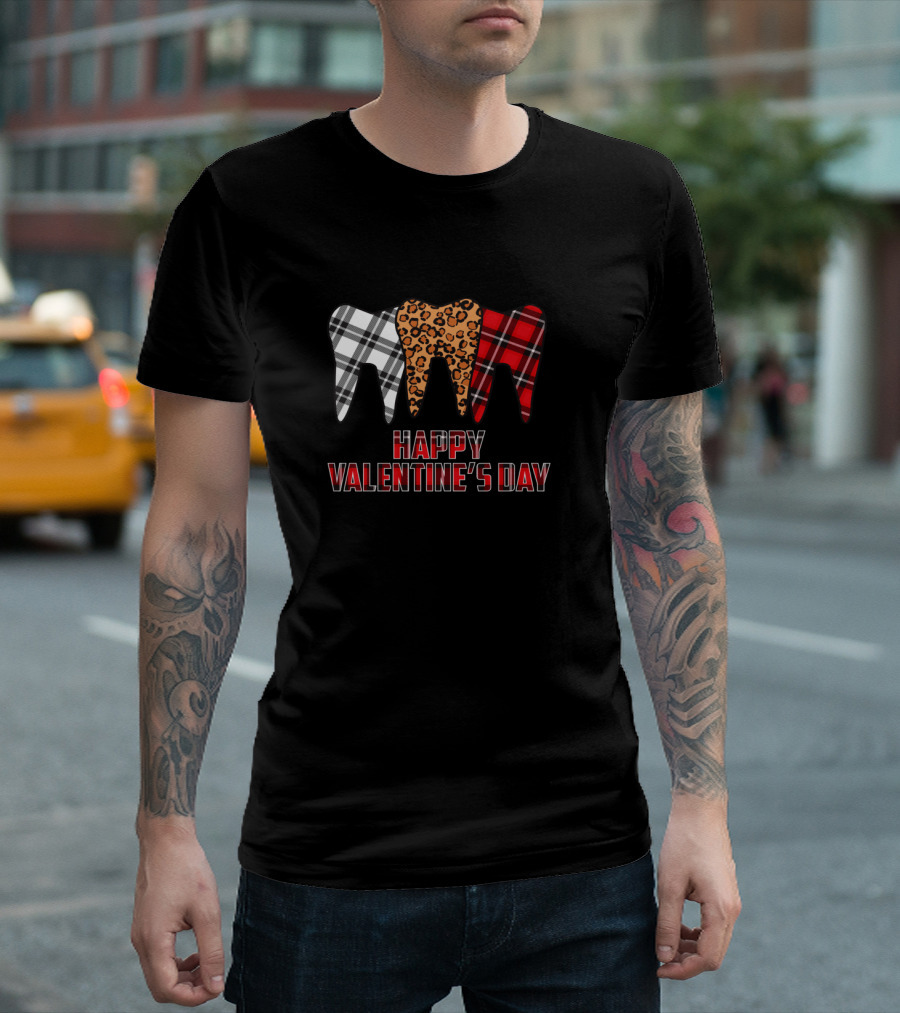 Happy Valentine's Day Plaid Leopard Dentist Teeth T-Shirt