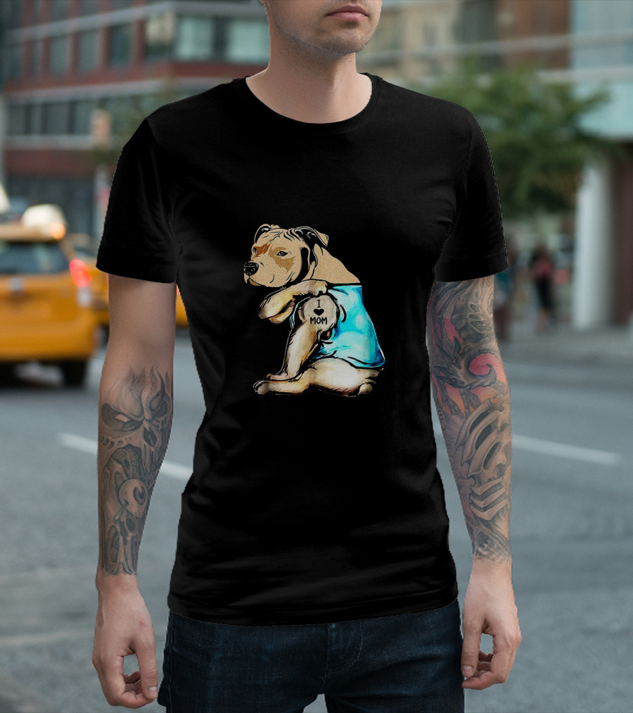 Pit Bull I Love Mom Tattooed Dog in Blue T-Shirt