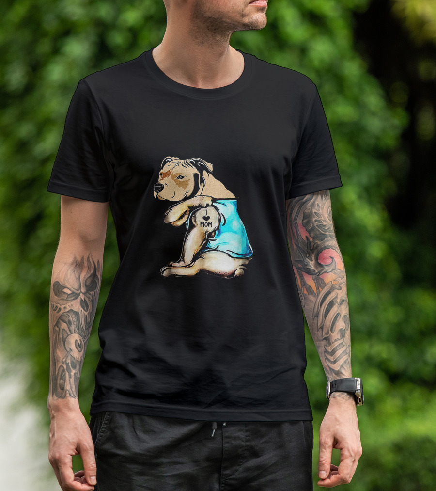 Pit Bull I Love Mom Tattooed Dog In Blue T-Shirt