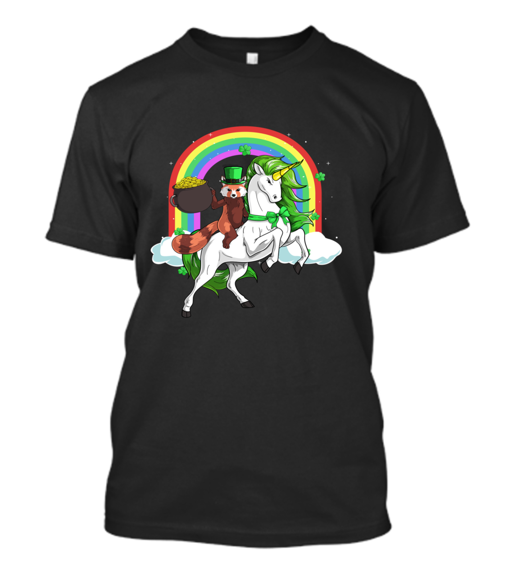 Red Panda Holding Gold On Lepricorn Unicorn With Rainbow T-Shirt