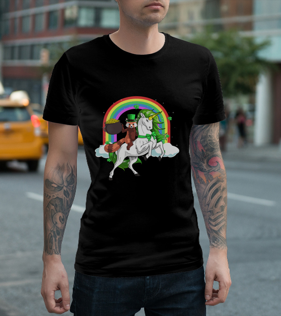 Red Panda Holding Gold on Lepricorn Unicorn with Rainbow T-Shirt