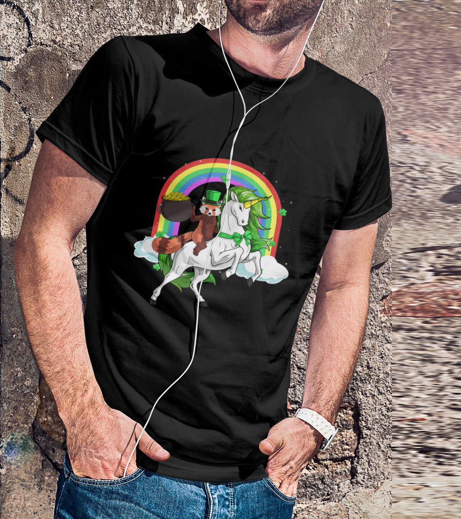 Red Panda Holding Gold On Lepricorn Unicorn With Rainbow T-Shirt