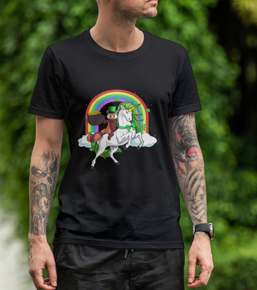 Red Panda Holding Gold On Lepricorn Unicorn With Rainbow T-Shirt