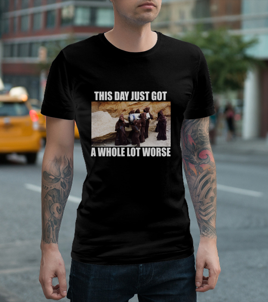 This Day Just Got a Whole Lot Worse Jawa Carrying R2-D2 Desert Scene T-Shirt