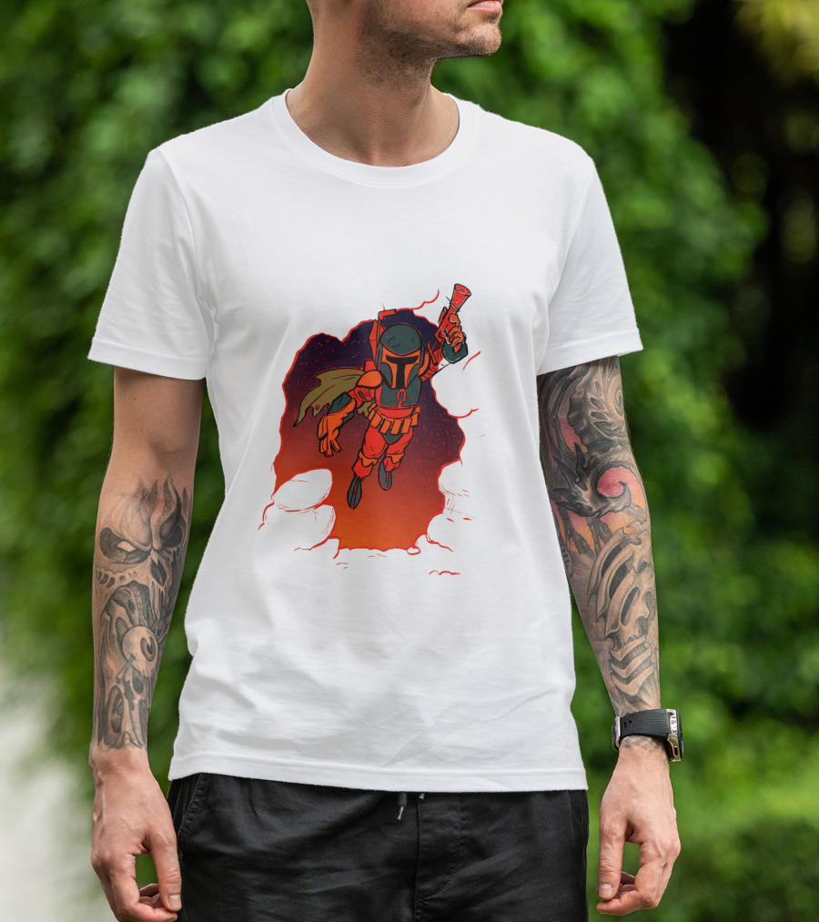 Star Wars Boba Fett Illustrated Blast Mandalorian Jetpack Fire Burst T-Shirt