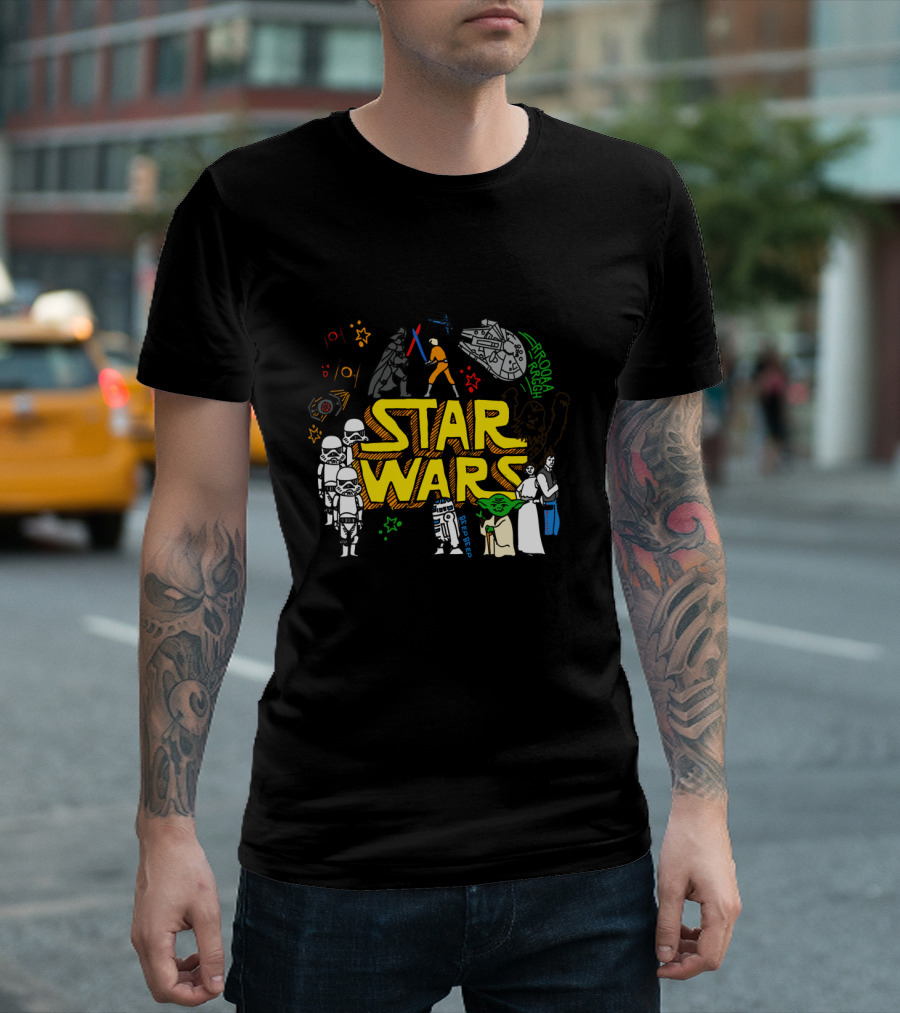 Star Wars Colorful Multi Character Doodle Millennium Falcon Darth Vader Yoda R2-D2 Stormtroopers T-Shirt