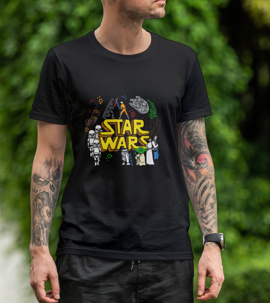 Star Wars Colorful Multi Character Doodle Millennium Falcon Darth Vader Yoda R2-D2 Stormtroopers T-Shirt