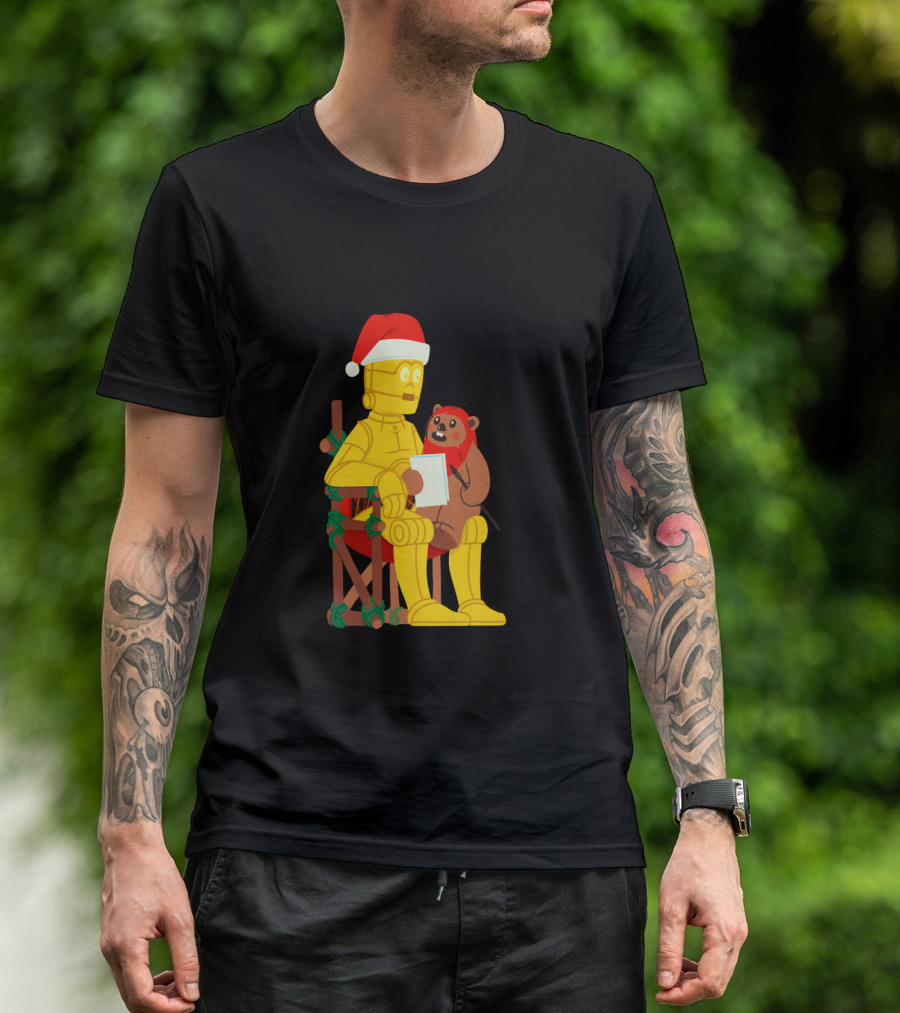 Star Wars Holiday Santa C 3PO And Ewok Christmas Chair Scene T-Shirt