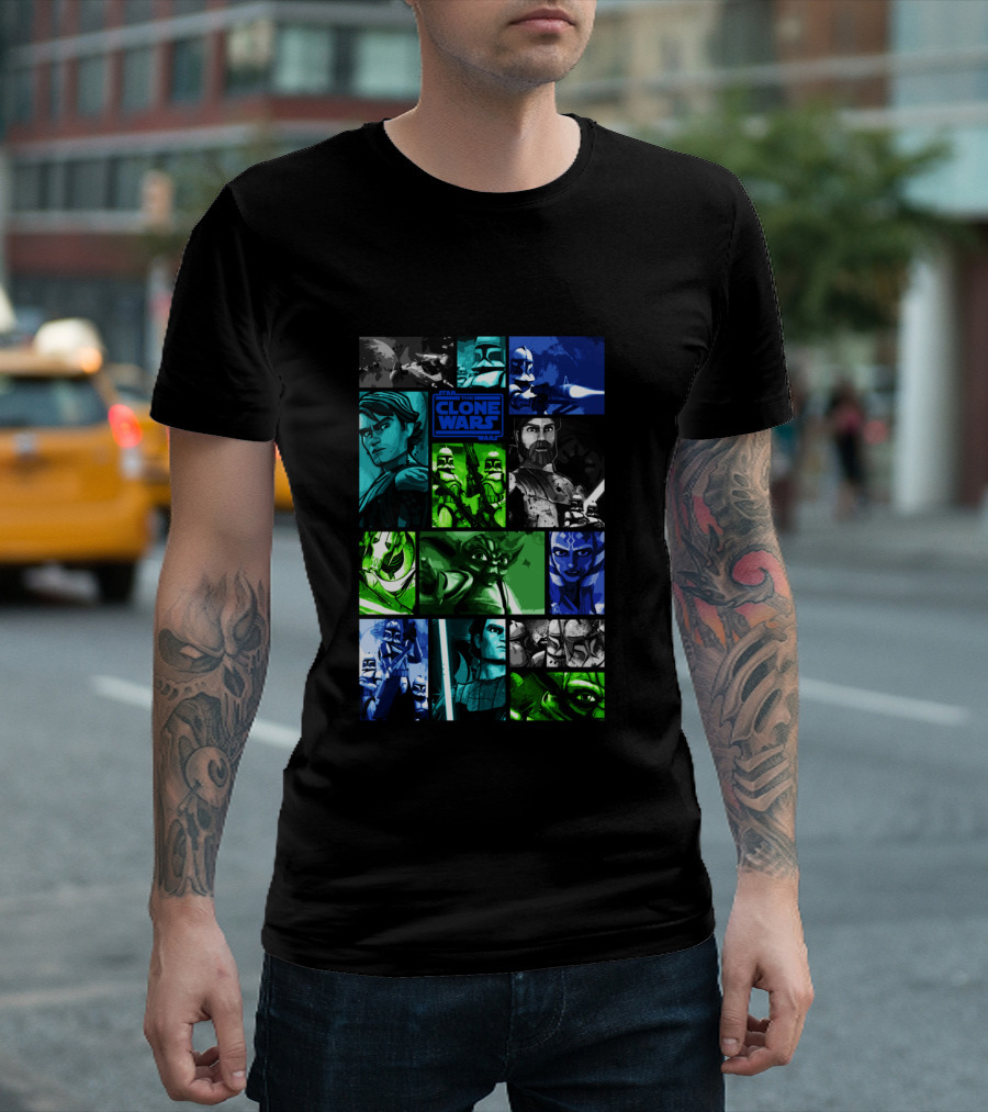 Star Wars The Clone Wars Character Montage Panels Featuring Iconic Heroes and Villains T-Shirt