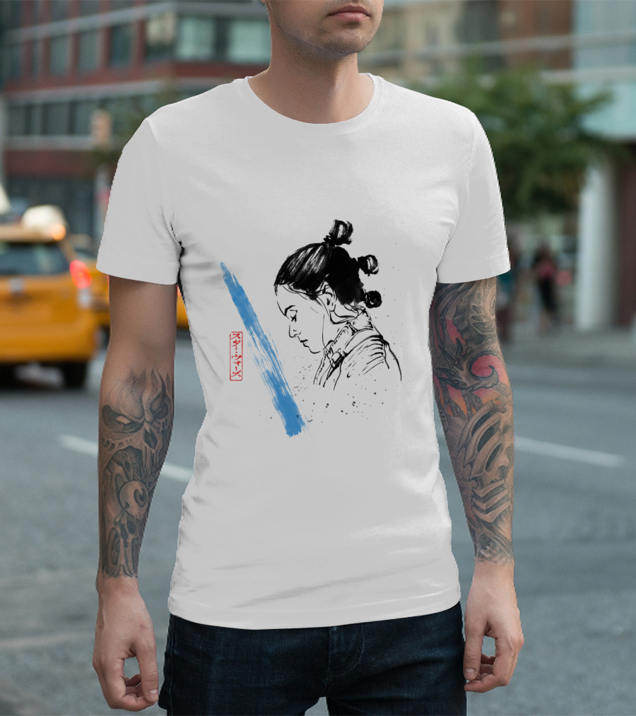 Star Wars The Last Jedi Rey Watercolor Sketch Profile With Blue Brushstroke And Red Kanji Markings T-Shirt