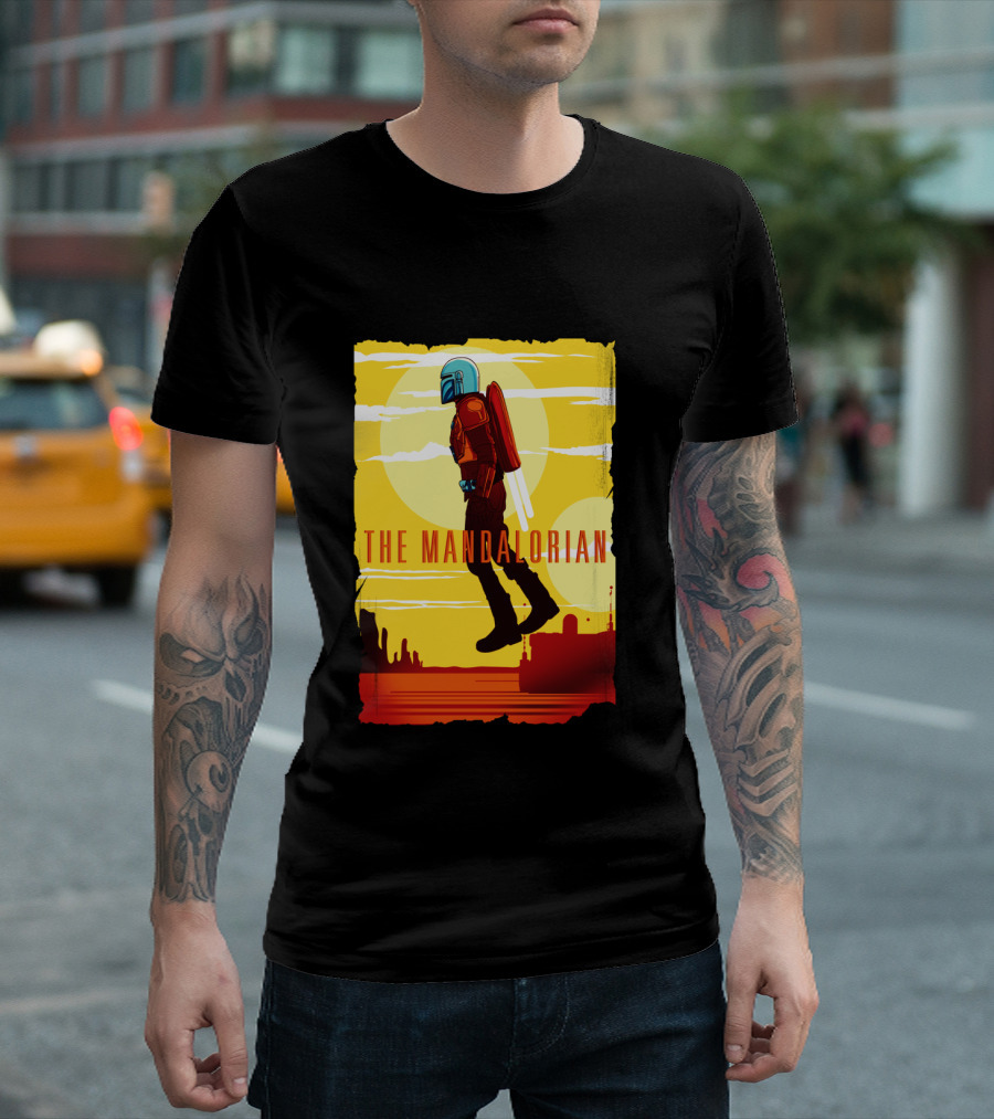 The Mandalorian Jet Pack Floating Scene with Yellow T-Shirt