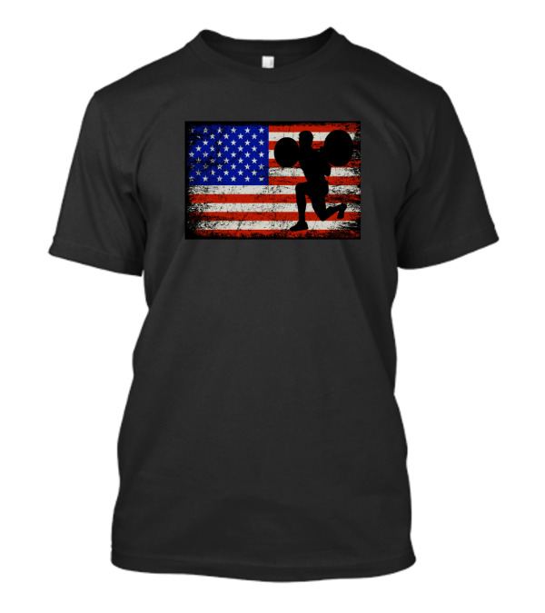 American Flag Weightlifting Silhouette On Distressed Stars And Stripes Background T-Shirt