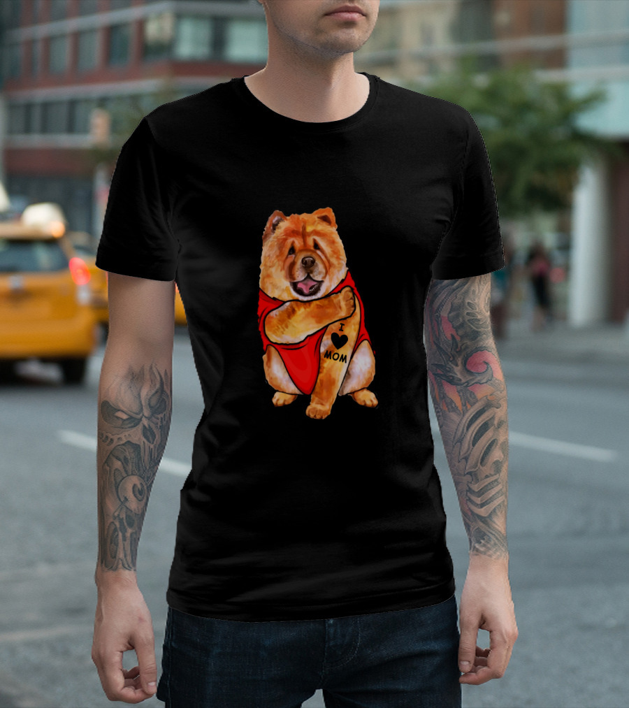 Chow Chow Dog in Red Outfit with I Love Mom Tattoo T-Shirt
