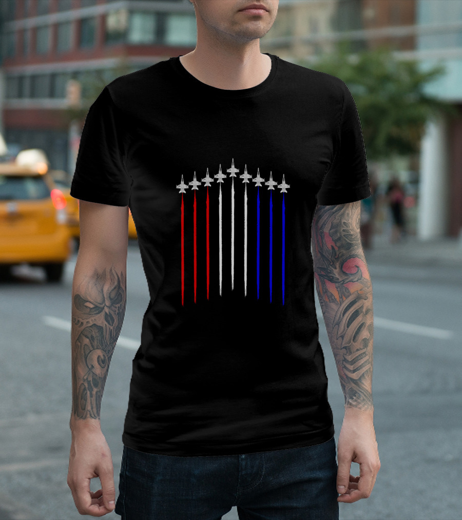F18 Hornet Schematic Contrails in Red White Blue USA Flag T-Shirt