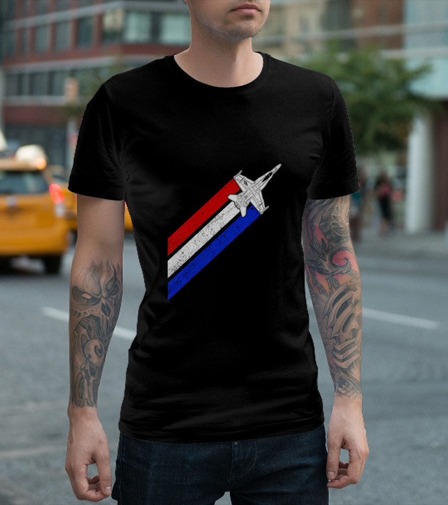 F18 Hornet Airplane Schematic Red White Blue Vintage Stripes T-Shirt