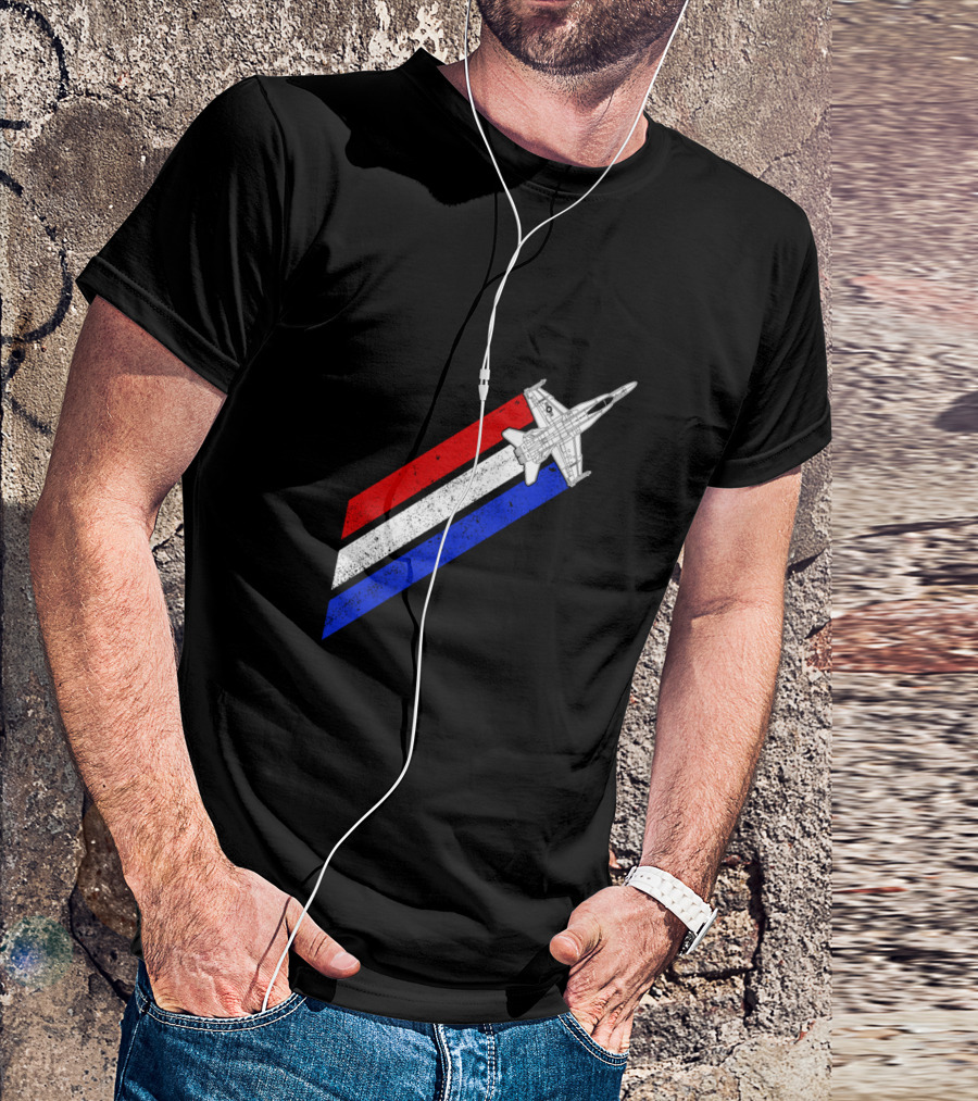 F18 Hornet Airplane Schematic Red White Blue Vintage Stripes T-Shirt