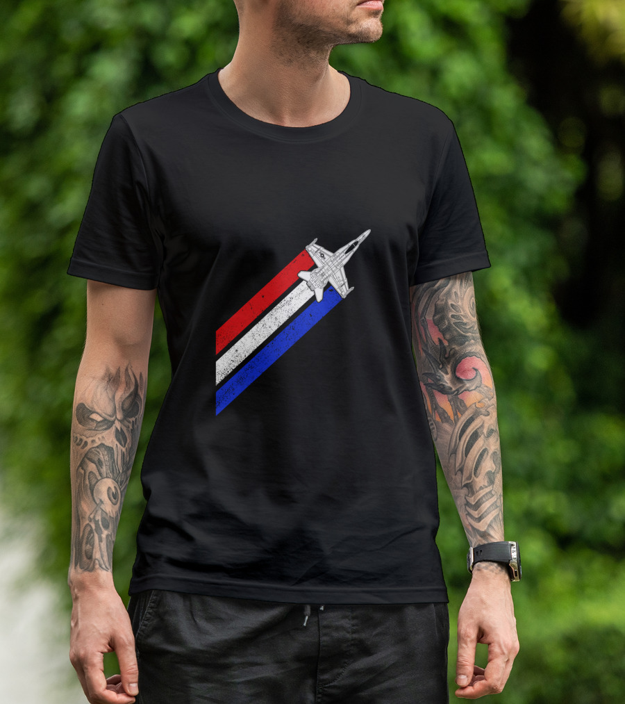 F18 Hornet Airplane Schematic Red White Blue Vintage Stripes T-Shirt