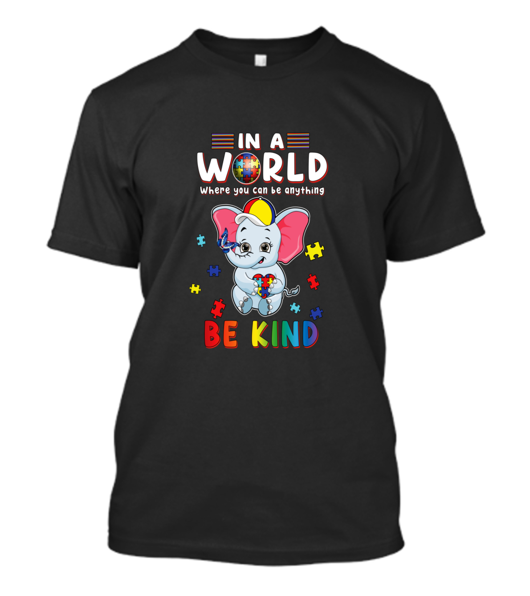 In A World Where You Can Be Anything Be Kind Elephant Autism Puzzle Pieces T-Shirt