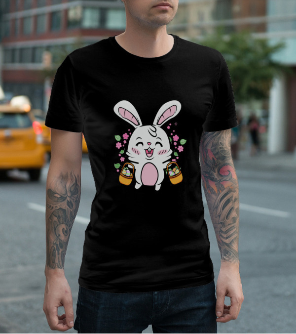 Kids Easter Bunny With Baskets Cute Egg Hunt Colorful Spring Flowers T-Shirt