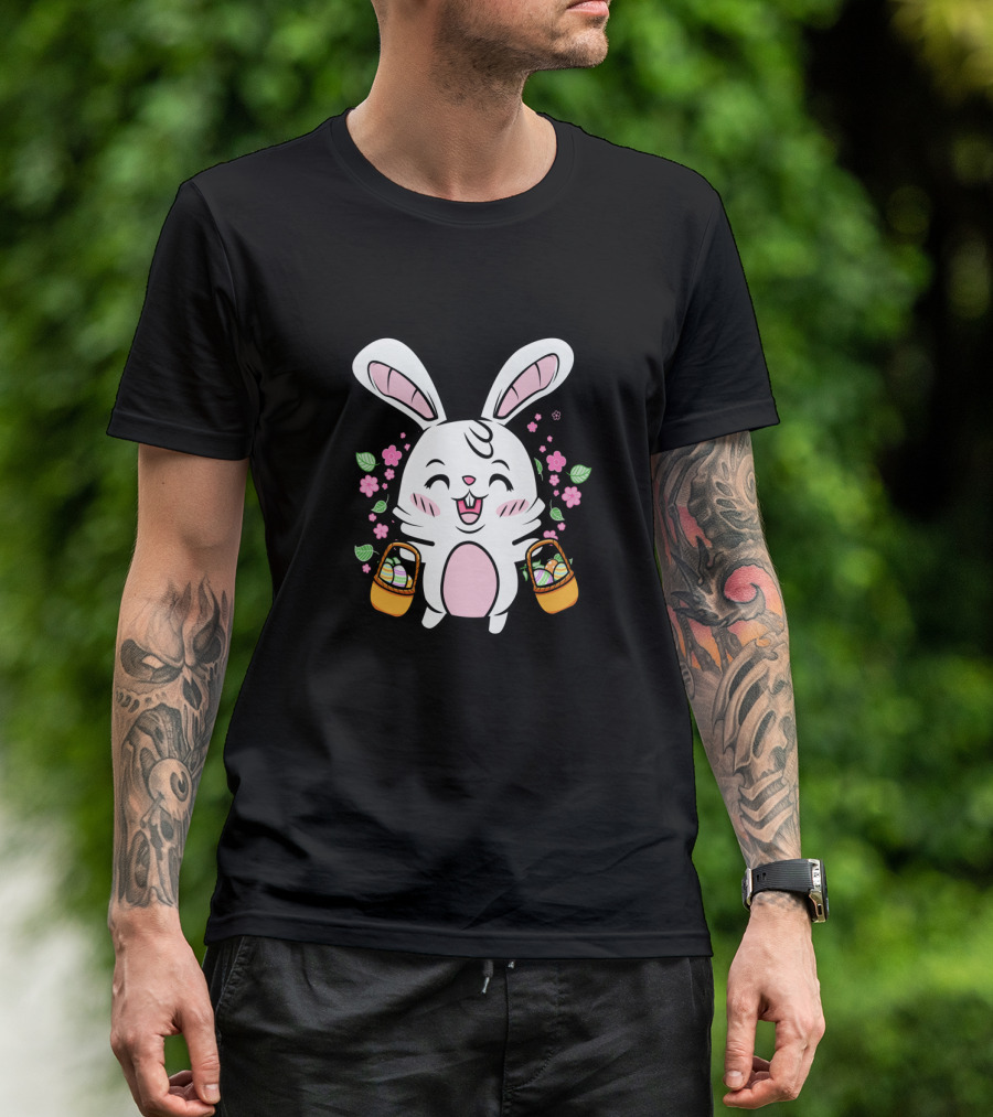 Kids Easter Bunny With Baskets Cute Egg Hunt Colorful Spring Flowers T-Shirt