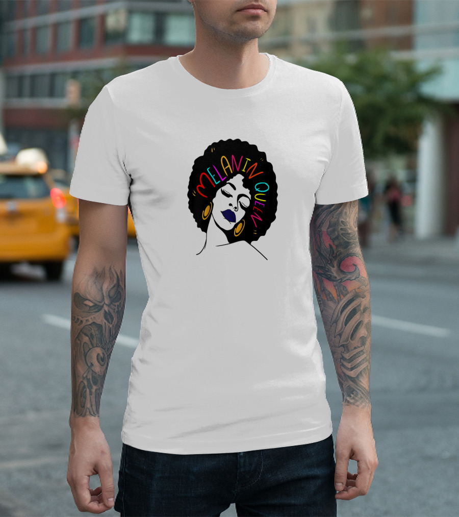 Melanin Queen Afro American Afro Latina Proud Black Woman Raglan Afro Hairstyle Bold Colors Gold Hoop Earrings T-Shirt