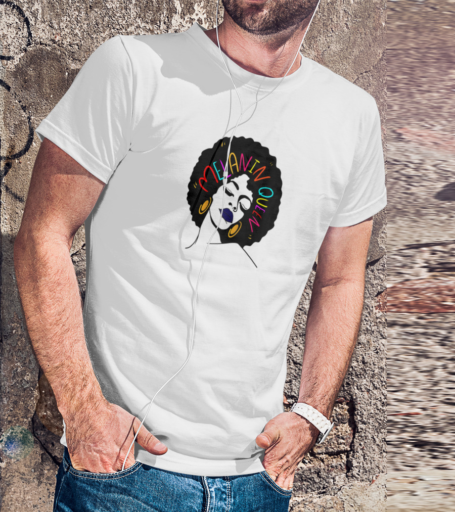 Melanin Queen Afro American Afro Latina Proud Black Woman Raglan Afro Hairstyle Bold Colors Gold Hoop Earrings T-Shirt