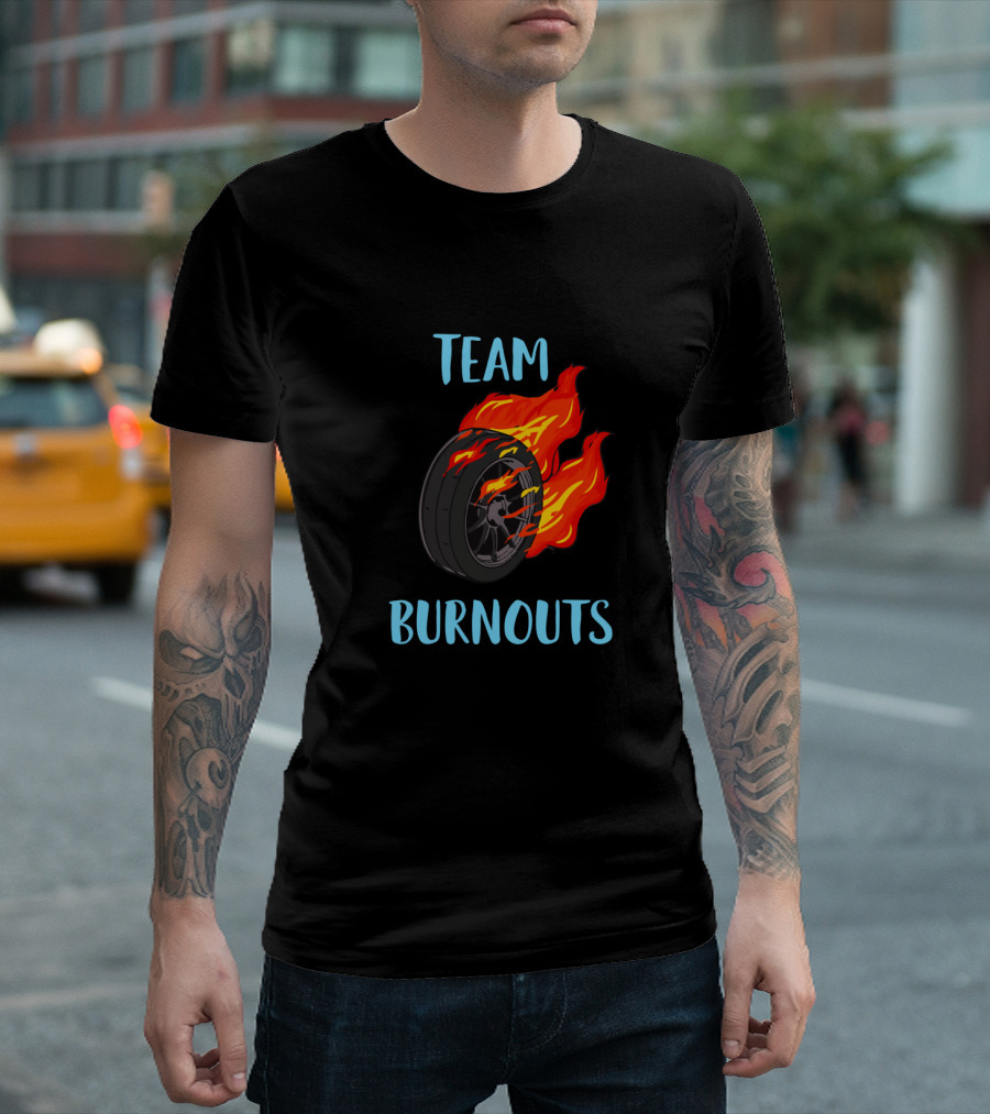 Team Burnouts Gender Reveal Party Idea Baby Boy Reveal Flame Tire T-Shirt