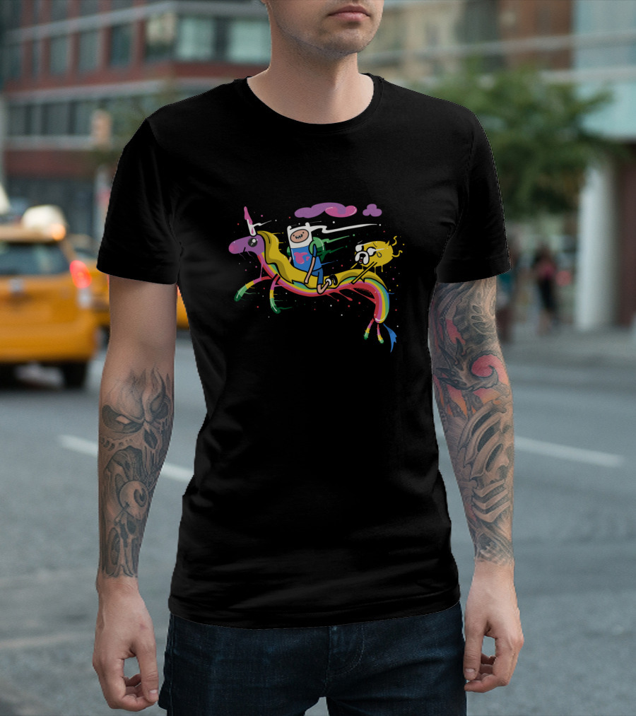 Adventure Time Trippin Finn and Jake on Lady Rainicorn T-Shirt