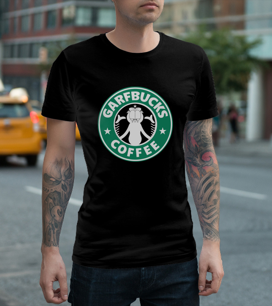 Garfield Garfbucks Coffee Logo Parody with Green Circle Stars and Cartoon Cat T-Shirt