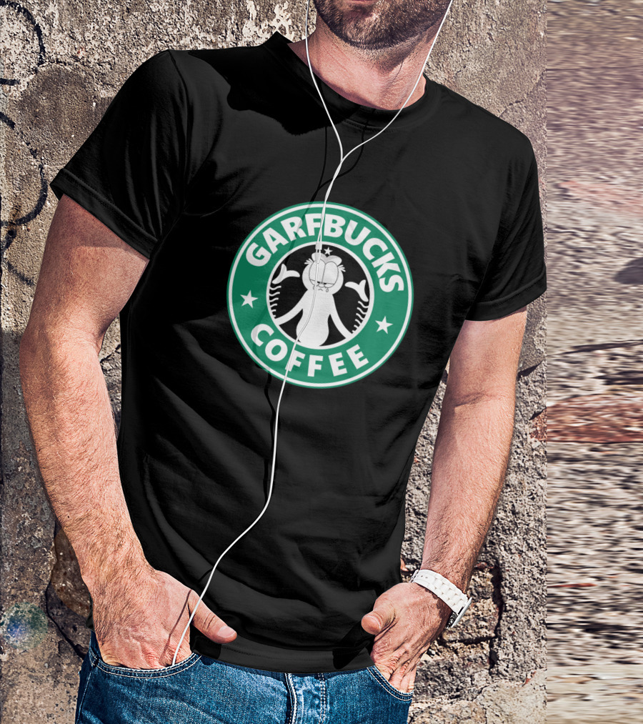 Garfield Garfbucks Coffee Logo Parody With Green Circle Stars And Cartoon Cat T-Shirt
