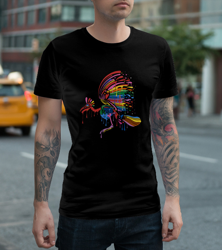 Rainbow Skeleton Bird with Vibrant Rainbow Wings Dripping Colors T-Shirt