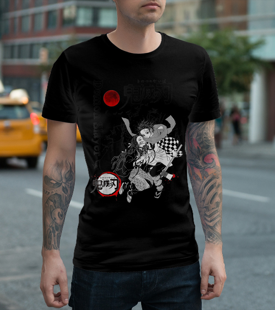 Demon Slayer Black And White Arts Anime With Red Moon T-Shirt