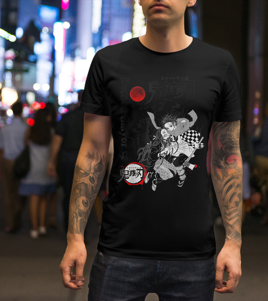 Demon Slayer Black And White Arts Anime With Red Moon T-Shirt