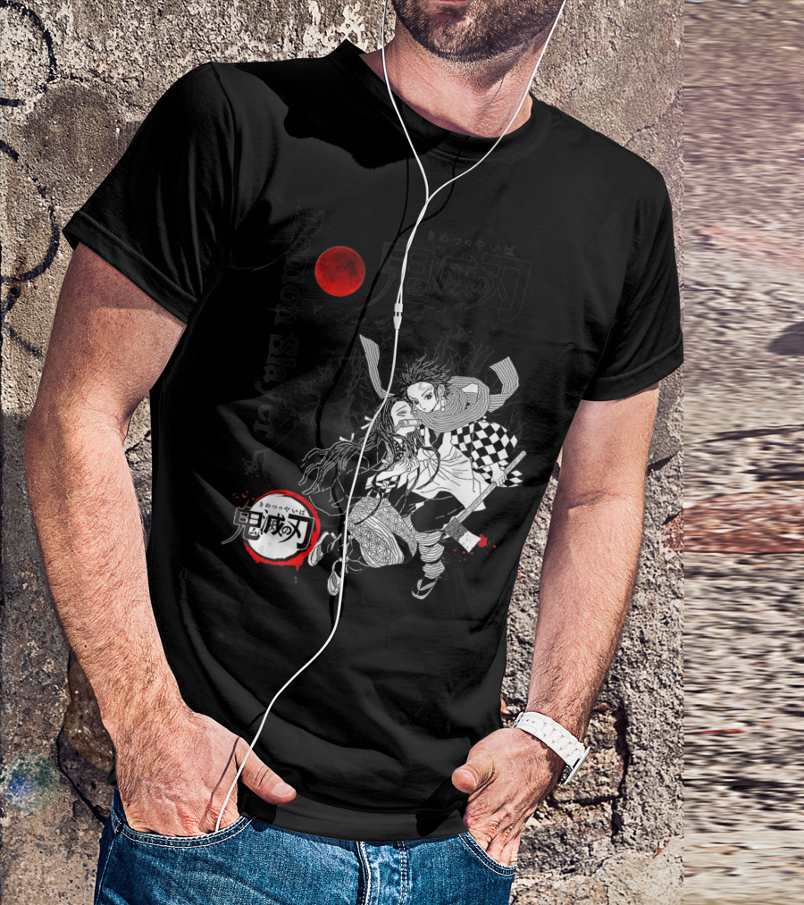 Demon Slayer Black And White Arts Anime With Red Moon T-Shirt