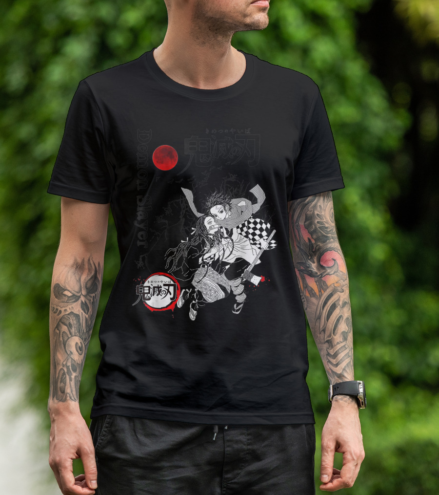 Demon Slayer Black And White Arts Anime With Red Moon T-Shirt