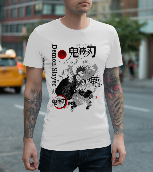 Demon Slayer Black And White Arts Anime With Red Moon T-Shirt
