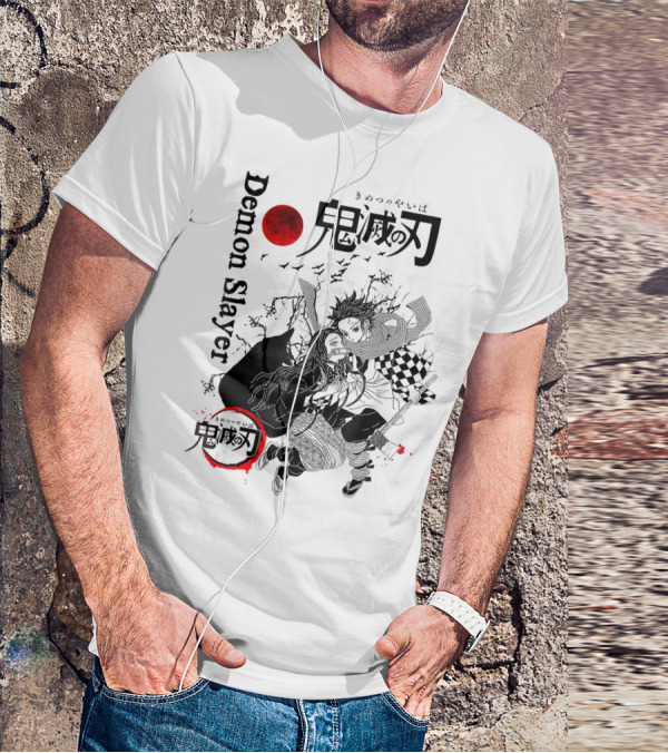 Demon Slayer Black And White Arts Anime With Red Moon T-Shirt
