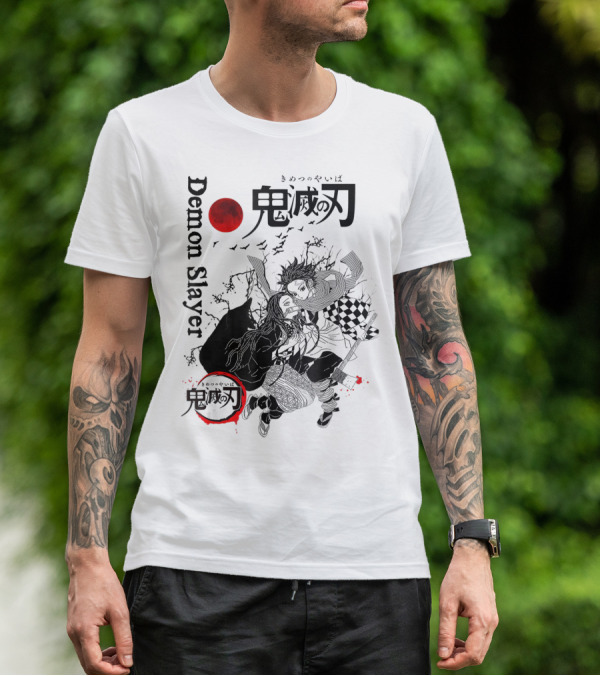 Demon Slayer Black And White Arts Anime With Red Moon T-Shirt