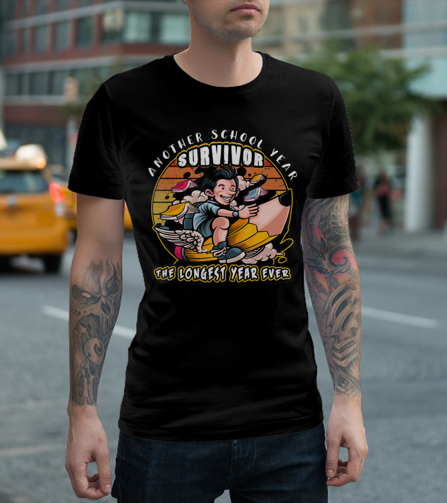 Another School Year Survivor The Longest Year Ever Retro Cartoon Pencil Ride T-Shirt