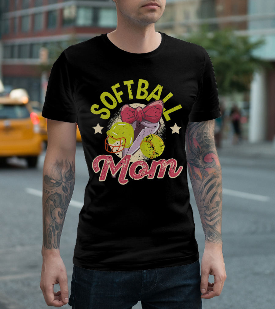 Softball Mom Mother's Day Softball Mama Bow Helmet Ball T-Shirt