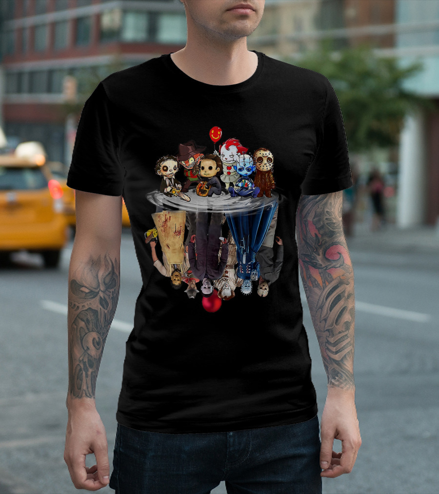 Cute Horror Movie Chibi Character Water Reflection Iconic Figures T-Shirt