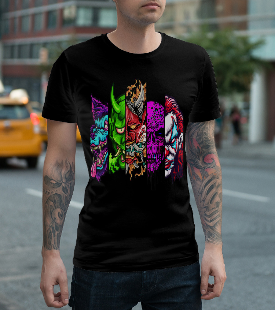 Evil Demons Horror Creatures Scary Halloween Monster Faces T-Shirt