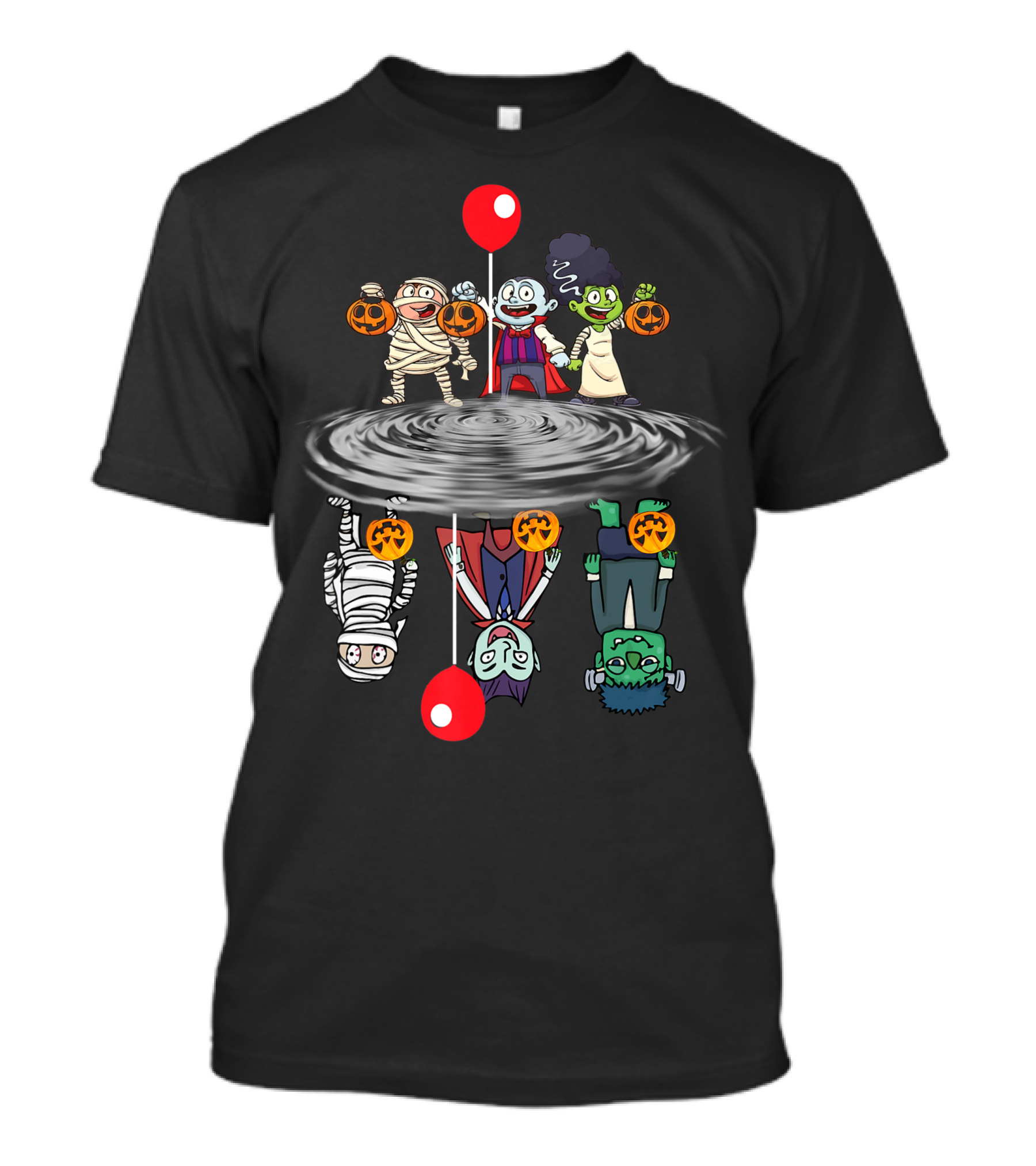 Halloween Horror Characters Reflection In Water With Red Balloons T-Shirt