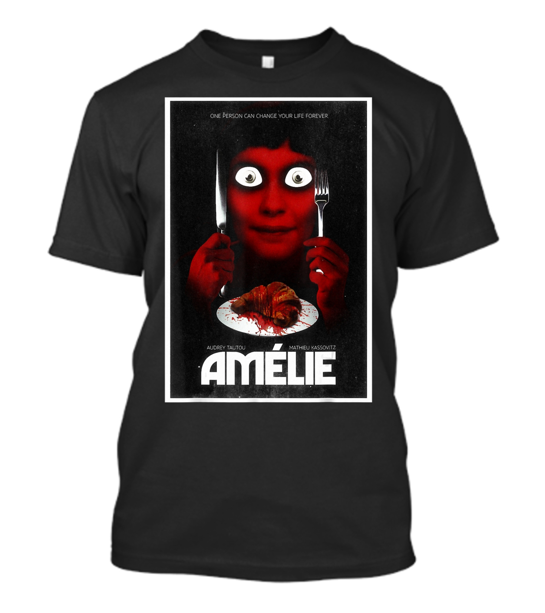 Amélie Horror Parody Audrey Tautou Matthieu Kassovitz Creepy Croissant T-Shirt